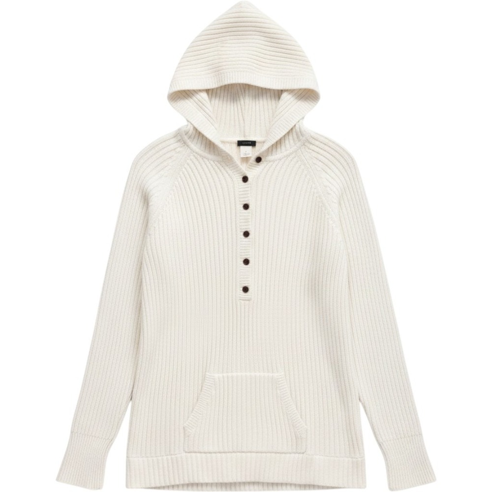 J Crew Cotton Ribbed Hooded Tunic Sweater Women's Large Ivory Fisherman Preppy